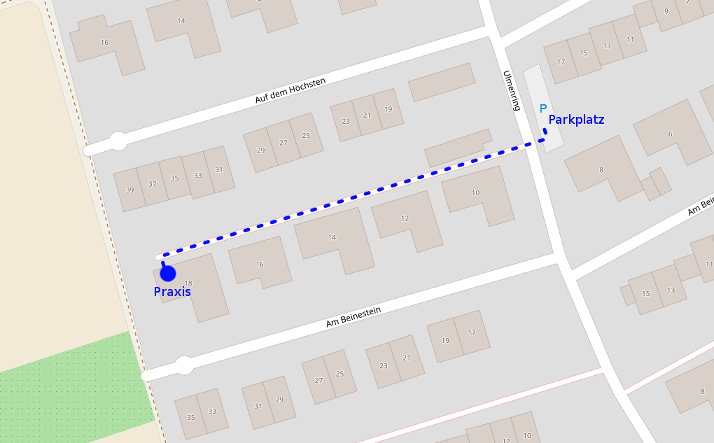 Karte mit Fußweg vom Parkplatz zur Praxis